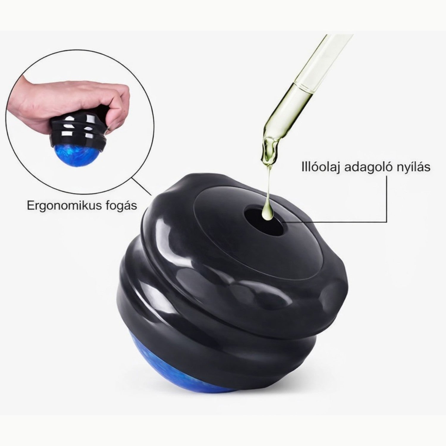 Masszázs eszköz ergonomikus fogással és illóolaj adagoló nyílással a hatékonyabb és kényelmesebb használatért